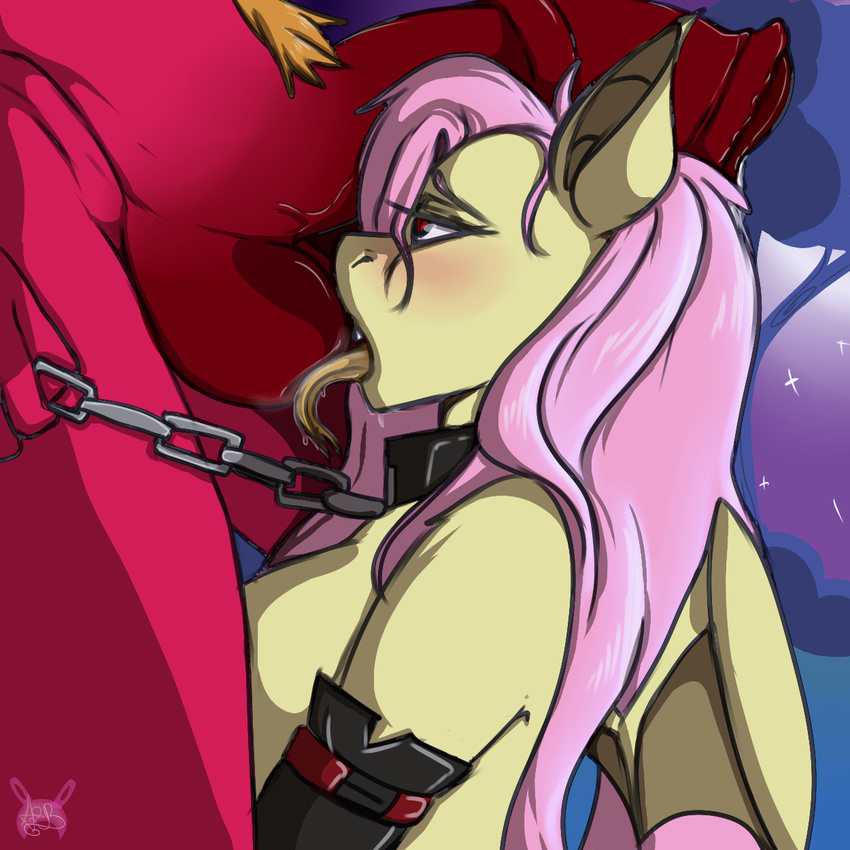 animal_genitalia anthro anthrofied arnachy ball_licking balls bat_pony big_macintosh_(mlp) blush breasts chain collar duo equine female flutterbat_(mlp) fluttershy_(mlp) friendship_is_magic fur hair horsecock licking long_tongue male mammal my_little_pony penis pink_hair red_eyes red_fur saliva tongue wings yellow_fur