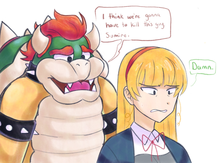anthro bowser clothing dialogue duo english_text female human i_think_we're_gonna_have_to_kill_this_guy koopa love_live! love_live!_superstar!! male mammal mario_bros meme ms-paint-idol-hell nintendo sad scalie school_uniform simple_background speech_bubble sumire_heanna text uniform white_background