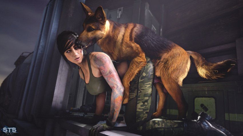 absurd_res ambiguous_penetration bestiality big_breasts bottomwear breasts camo camo_bottomwear camo_clothing camo_pants camo_print canid canine canis clothed clothing digital_media_(artwork) doggystyle domestic_dog duo female female_penetrated feral from_behind_position fur german_shepherd herding_dog hi_res human male male/female male_penetrating male_penetrating_female mammal mara_(cod) pants pastoral_dog pattern_bottomwear pattern_clothing pattern_pants penetration sex smile snippstheslammer_(artist) tattoo tongue topwear