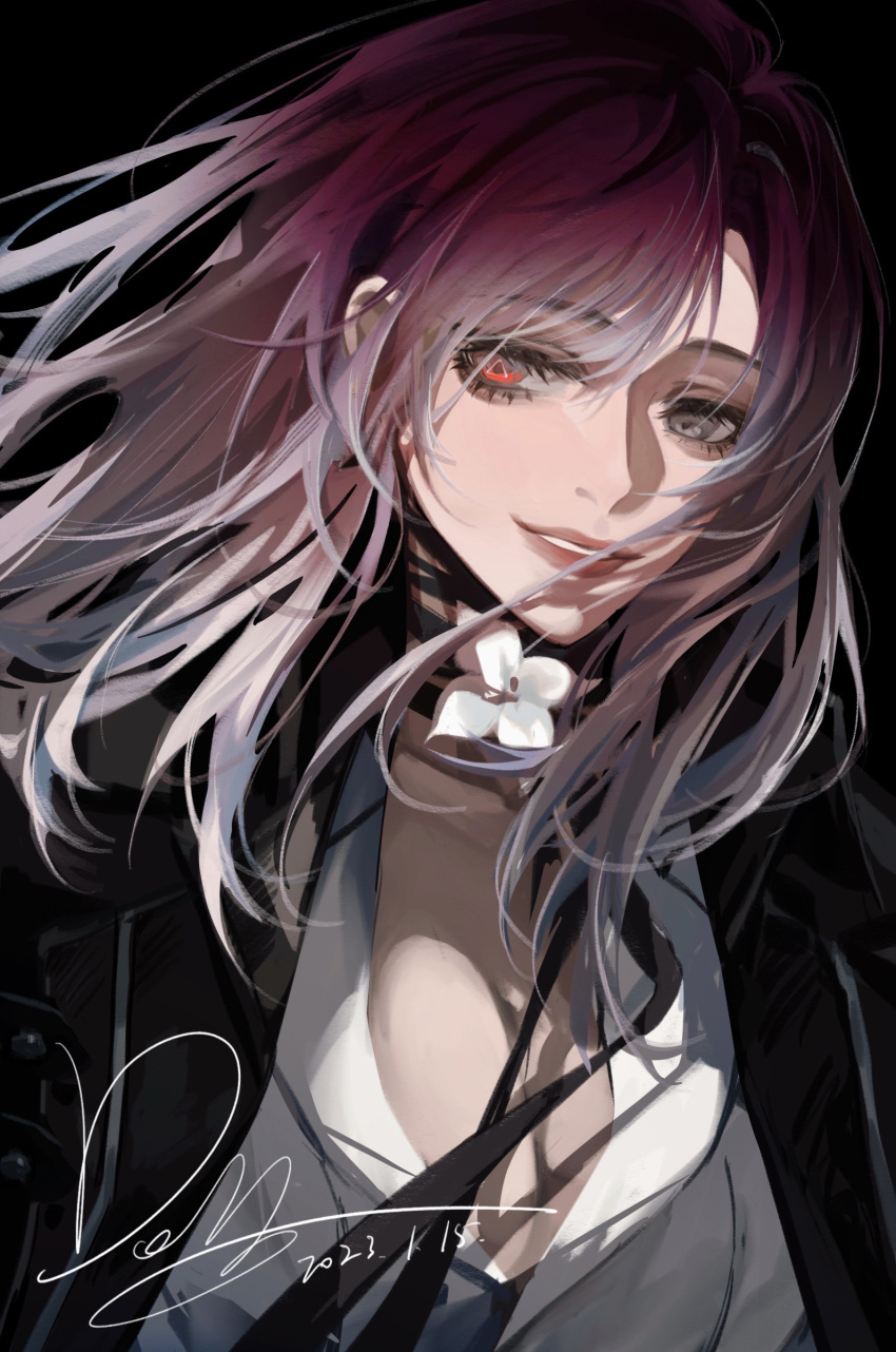 1girl absurdres black_coat breasts cleavage coat collared_shirt dated doo58455 flower glowing glowing_eye gradient_hair grey_eyes heterochromia highres long_hair looking_at_viewer multicolored_hair neck_flower open_clothes open_coat partially_unbuttoned path_to_nowhere pink_hair purple_hair red_eyes shalom_(path_to_nowhere) shirt signature smile solo symbol-shaped_pupils triangle-shaped_pupils two-tone_hair upper_body white_flower white_shirt