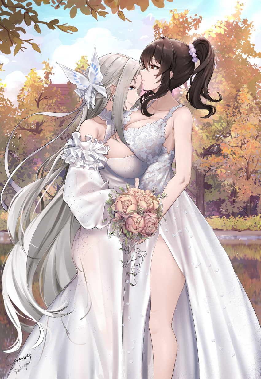 2girls azur_lane bouquet breast_press breasts butterfly_hair_ornament cleavage cloud cloudy_sky commission dress english_commentary female_commander_(azur_lane) from_side grey_hair hair_ornament high_ponytail highres holding holding_bouquet hug irkawaza large_breasts long_hair multiple_girls official_alternate_costume second-party_source side_slit sky symmetrical_docking tree very_long_hair wedding_dress wife_and_wife yorktown_(azur_lane) yorktown_(towards_tomorrow's_brilliant_breeze)_(azur_lane) yuri