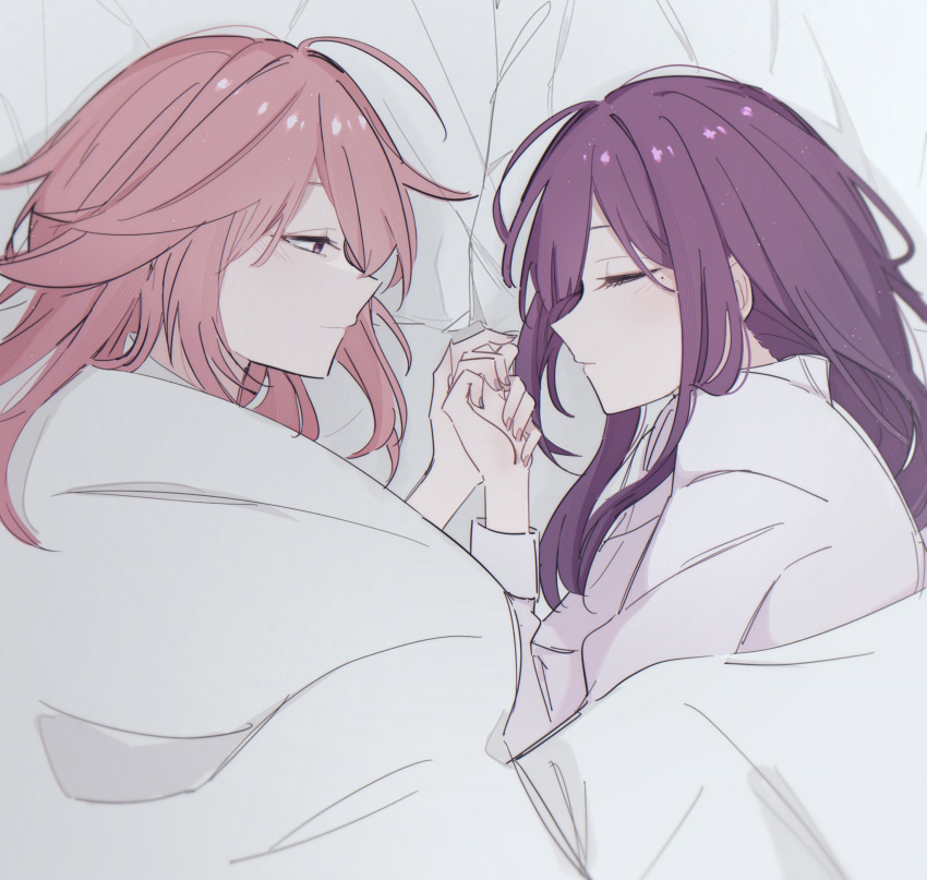 2girls closed_eyes closed_mouth commentary english_commentary from_above genshin_impact highres holding_hands kurari_o light_particles long_hair long_sleeves looking_at_another lying mole mole_under_eye multiple_girls on_bed on_side pink_hair purple_hair raiden_shogun shirt sleeping under_covers white_shirt yae_miko yuri