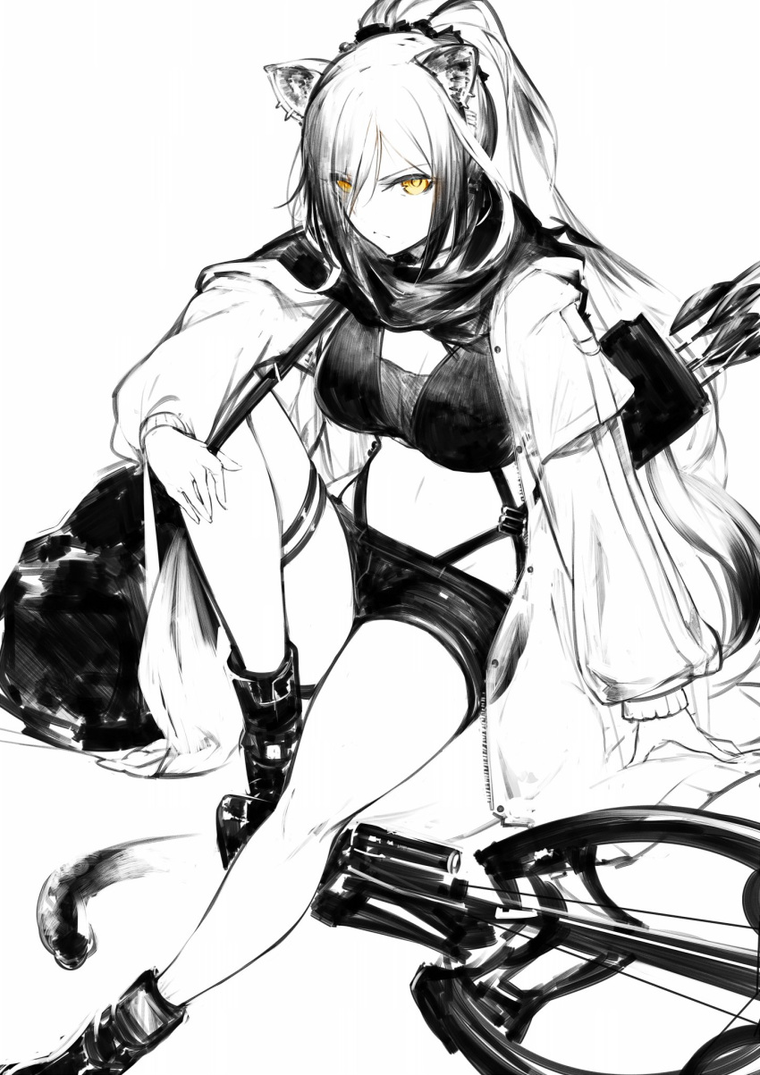 1girl animal_ears arknights arrow_(projectile) bikini bikini_top_only boots breasts cat_ears cleavage closed_mouth commentary_request crossbow eyes_visible_through_hair frown full_body greyscale hair_between_eyes highres large_breasts long_bangs long_hair long_sleeves looking_at_viewer midriff monochrome navel quiver scarf schwarz_(arknights) shorts sitting solo spot_color swimsuit tugmix v-shaped_eyebrows very_long_hair weapon white_background yellow_eyes
