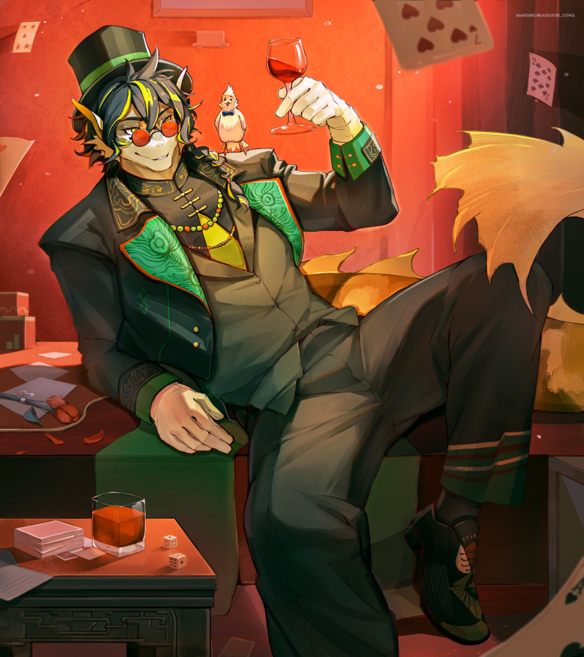 1boy alcohol animal_on_shoulder arknights artist_name augoose_cong bird bird_on_shoulder black_footwear black_socks card cup desk dice dragon_boy dragon_ears drinking_glass english_commentary fins fish_tail furry furry_male gloves hat highres holding holding_cup lee_(arknights) lee_(trust_your_eyes)_(arknights) male_focus multicolored_hair on_desk playing_card round_eyewear smile socks tail top_hat whiskey white_gloves wine_glass yellow_eyes