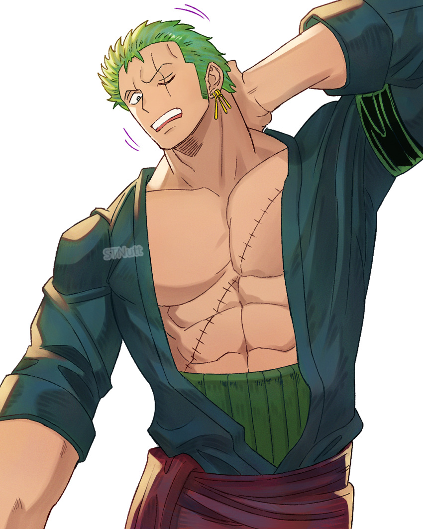 1boy abs bandana bandana_around_arm bara black_bandana coat cowboy_shot earrings green_coat green_hair haramaki highres jewelry large_pectorals male_focus muscular muscular_male one_eye_closed one_piece open_clothes open_mouth pectoral_cleavage pectorals red_sash roronoa_zoro sash scar scar_across_eye scar_on_chest scar_on_face short_hair sideburns single_earring solo stnutt white_background