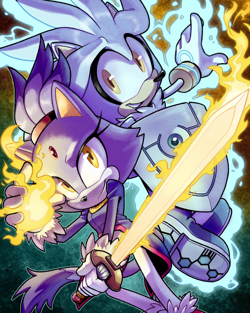 1boy 1girl absurdres aideneye99 animal_ears aura blaze_the_cat brown_eyes fireball forehead_protector furry furry_female furry_male gloves glowing glowing_sword glowing_weapon highres holding holding_shield holding_sword holding_weapon jacket purple_fur purple_jacket shield shoes silver_the_hedgehog sonic_(series) sword tail weapon white_fur white_gloves yellow_eyes