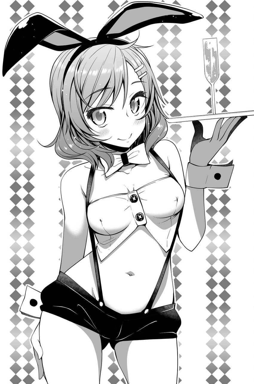 akino_sora animal_ears blush breasts bunny_ears cleavage glass greyscale hair_ornament hairclip hand_on_hip highres looking_at_viewer love_live! love_live!_school_idol_project medium_breasts monochrome navel nishikino_maki short_hair smile solo suspenders tray wrist_cuffs