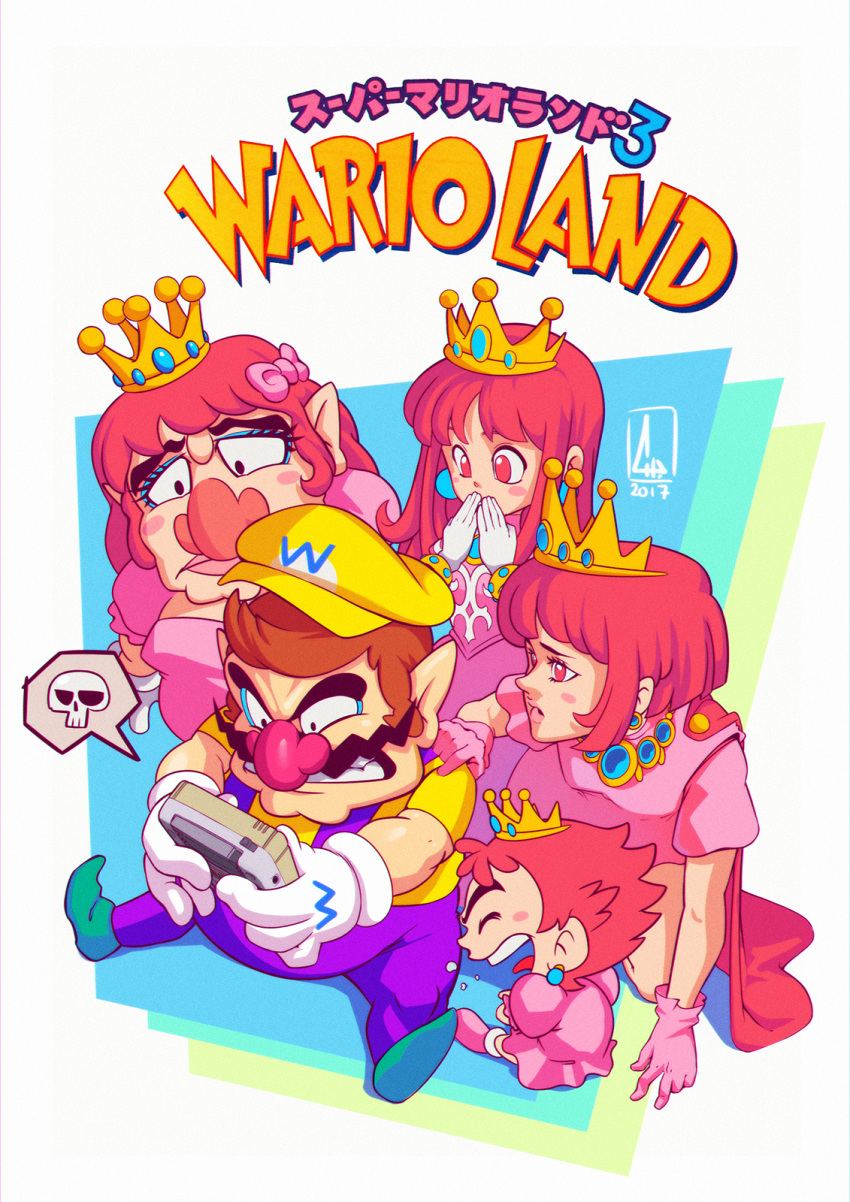 1boy 4girls big_nose brown_hair cleft_chin crown dress facial_hair game_boy game_boy_(original) gloves green_footwear handheld_game_console hat highres leonardo_cirius long_hair multiple_girls mustache overalls pink_dress pink_gloves playing_games princess_shokora purple_overalls red_hair shirt short_hair wario wario_land wario_land:_super_mario_land_3 wario_land_4 white_gloves yellow_hat yellow_shirt