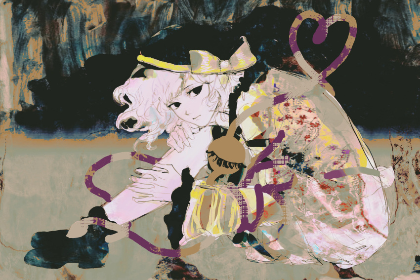 1girl abstract_background absurdres black_eyes black_footwear black_hat blending bow chinese_commentary closed_mouth commentary_request dress expressionless eyeball full_body grey_dress hat hat_bow heart heart_of_string highres komeiji_koishi leaning_forward limited_palette looking_at_viewer looking_to_the_side medium_bangs medium_hair sitting solo third_eye touhou white_hair xbsx yellow_bow