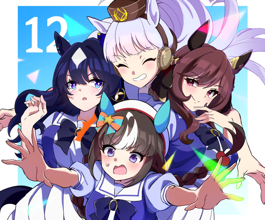 4girls absurdres animal_ears beret black_hair blue_hair breasts brown_hair closed_eyes closed_mouth dark_blue_hair earrings from_behind gentildonna_(umamusume) gold_ship_(umamusume) grey_hair hat highres hokko_tarumae_(umamusume) jewelry large_breasts looking_at_viewer medium_breasts mochiyukimi21 multiple_girls purple_eyes red_eyes ribbon school_uniform simple_background single_earring smile sweat tracen_school_uniform umamusume verxina_(umamusume)