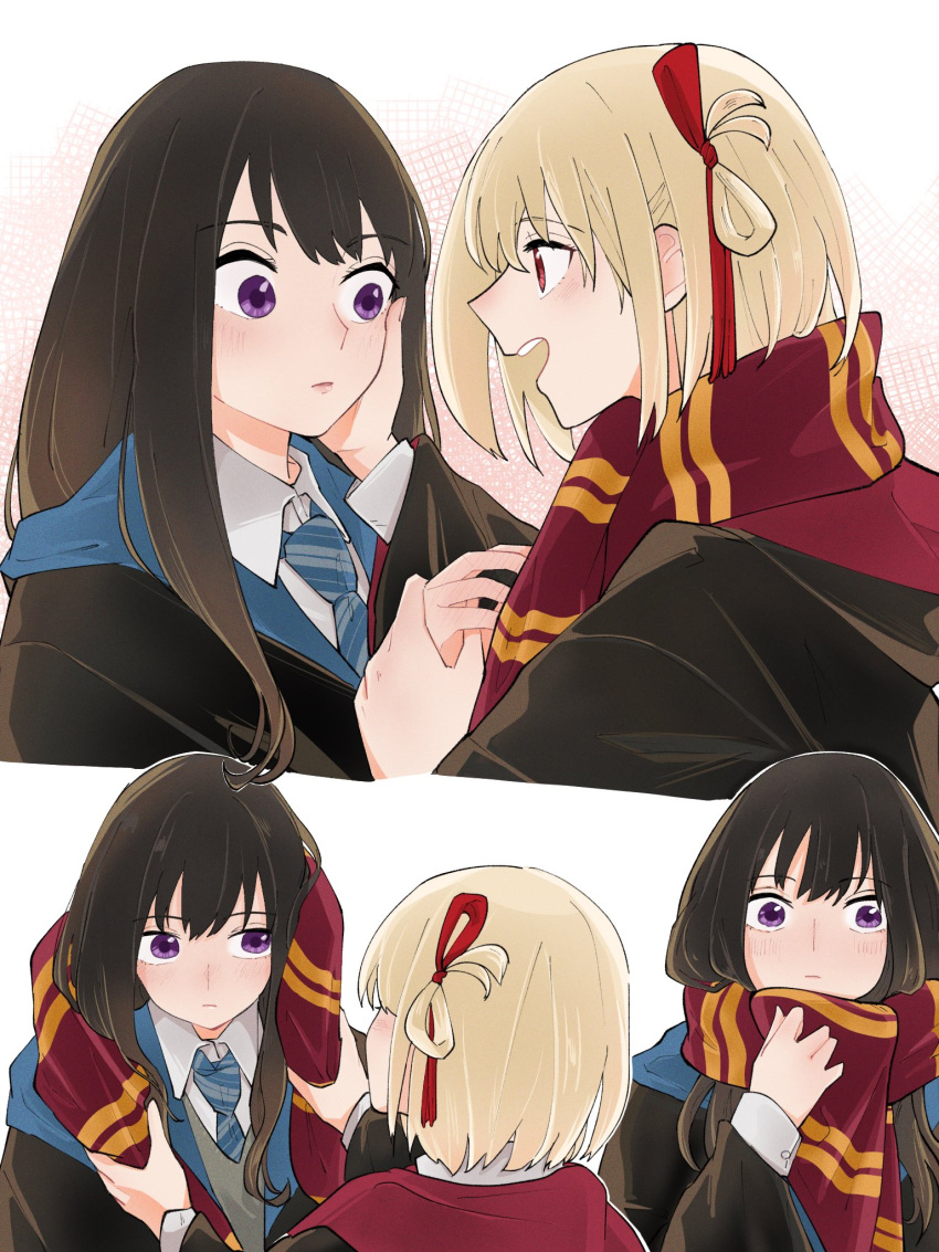2girls black_hair black_robe blonde_hair blue_necktie blush closed_mouth commentary_request hair_ribbon hand_on_another's_face harry_potter_(series) highres inoue_takina long_hair lycoris_recoil medium_hair multiple_girls necktie nishikigi_chisato one_side_up open_mouth parted_lips purple_eyes red_eyes red_ribbon red_scarf ribbon robe scarf shiratama_draw simple_background smile white_background wizarding_world yuri