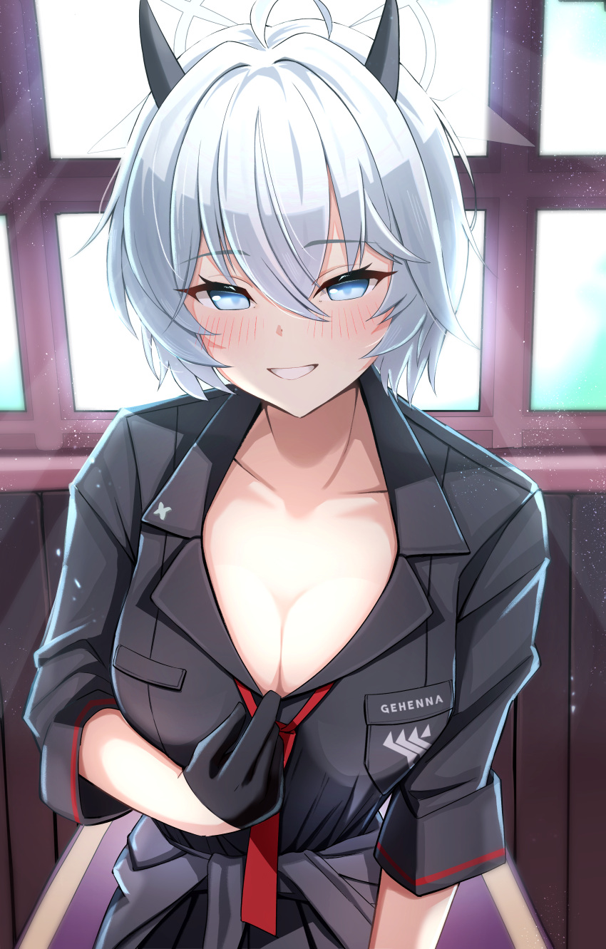 1girl absurdres ahoge black_gloves black_horns black_shirt blue_archive blue_eyes blush breasts cleavage clothes_around_waist clothes_pull commentary_request erika_(blue_archive) gloves grin hair_between_eyes half_gloves halo highres horns indoors jacket jacket_around_waist kuromiz large_breasts looking_at_viewer shirt shirt_pull short_hair sleeves_rolled_up smile solo upper_body white_hair white_halo