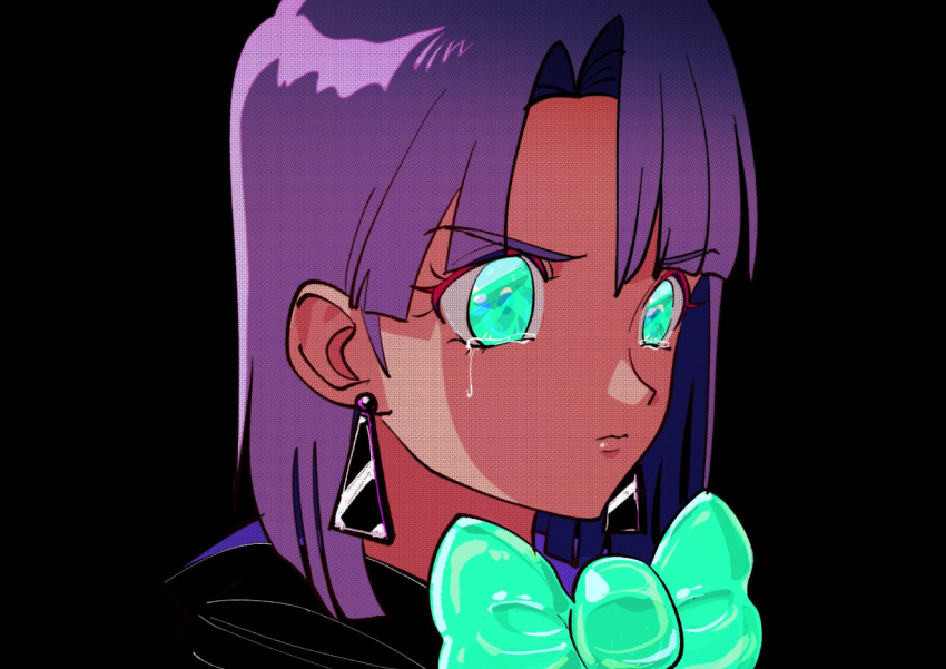 1girl black_background bow bowtie closed_mouth crying dangle_earrings earrings green_bow green_eyes jewelry medium_hair no_pupils original portrait purple_hair retro_artstyle simple_background solo tearing_up tears yo-co