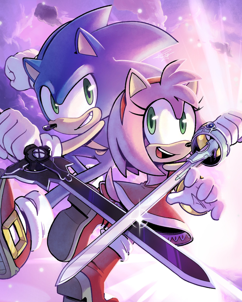 1boy 1girl absurdres aideneye99 amy_rose animal_ears blue_fur boots cloud dress furry furry_female furry_male gloves green_eyes grin hairband highres holding holding_sword holding_weapon open_mouth pink_fur red_dress red_footwear red_hairband shoes sleeveless sleeveless_dress smile sonic_(series) sonic_the_hedgehog sword tail teeth two-tone_footwear upper_teeth_only weapon white_footwear white_gloves