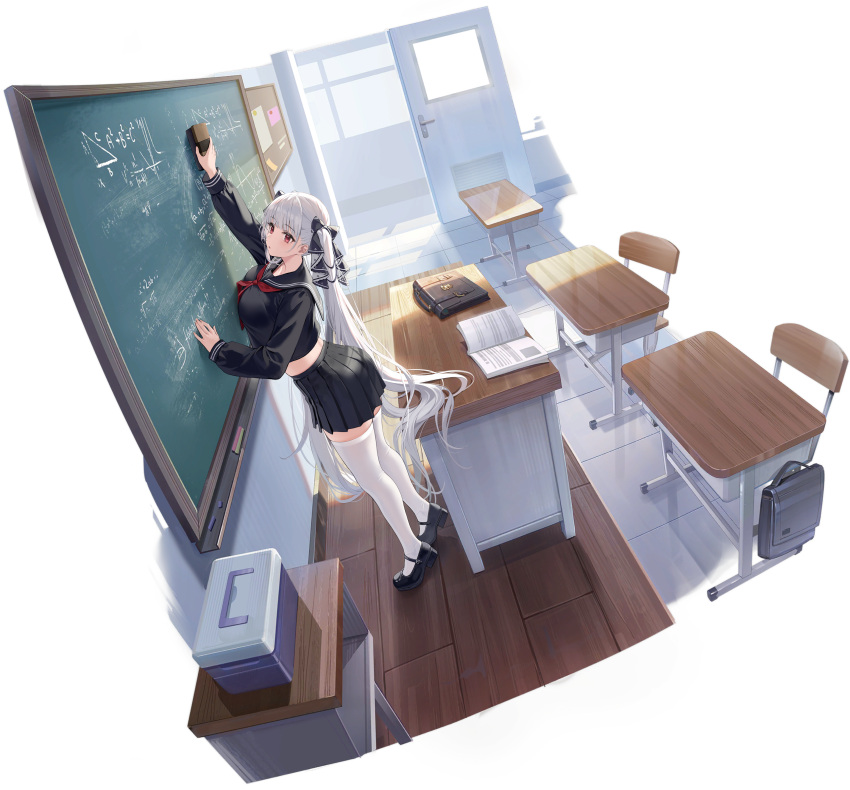 1girl absurdly_long_hair absurdres azur_lane bag black_bow black_footwear black_sailor_collar black_serafuku black_skirt board_eraser book bow breasts byulzzi chalk chalkboard classroom eraser formidable_(azur_lane) formidable_(the_lover's_heart_flutters_on_duty)_(azur_lane) full_body grey_hair hair_bow highres indoors large_breasts loafers long_hair long_sleeves looking_at_viewer neckerchief non-web_source official_alternate_costume official_art open_book pleated_skirt red_eyes red_neckerchief sailor_collar school_bag school_uniform serafuku shoes skirt table thighhighs tiptoes twintails very_long_hair white_thighhighs