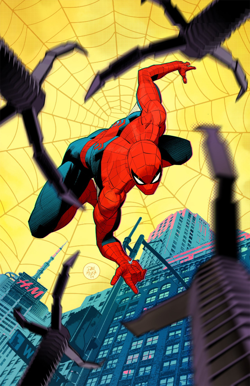 1boy blue_bodysuit blurry blurry_foreground bodysuit building city dan_mora depth_of_field highres marvel mechanical_arms red_bodysuit silk sky skyscraper solo spider-man spider-man_(series) spider_web superhero_costume two-tone_bodysuit yellow_sky