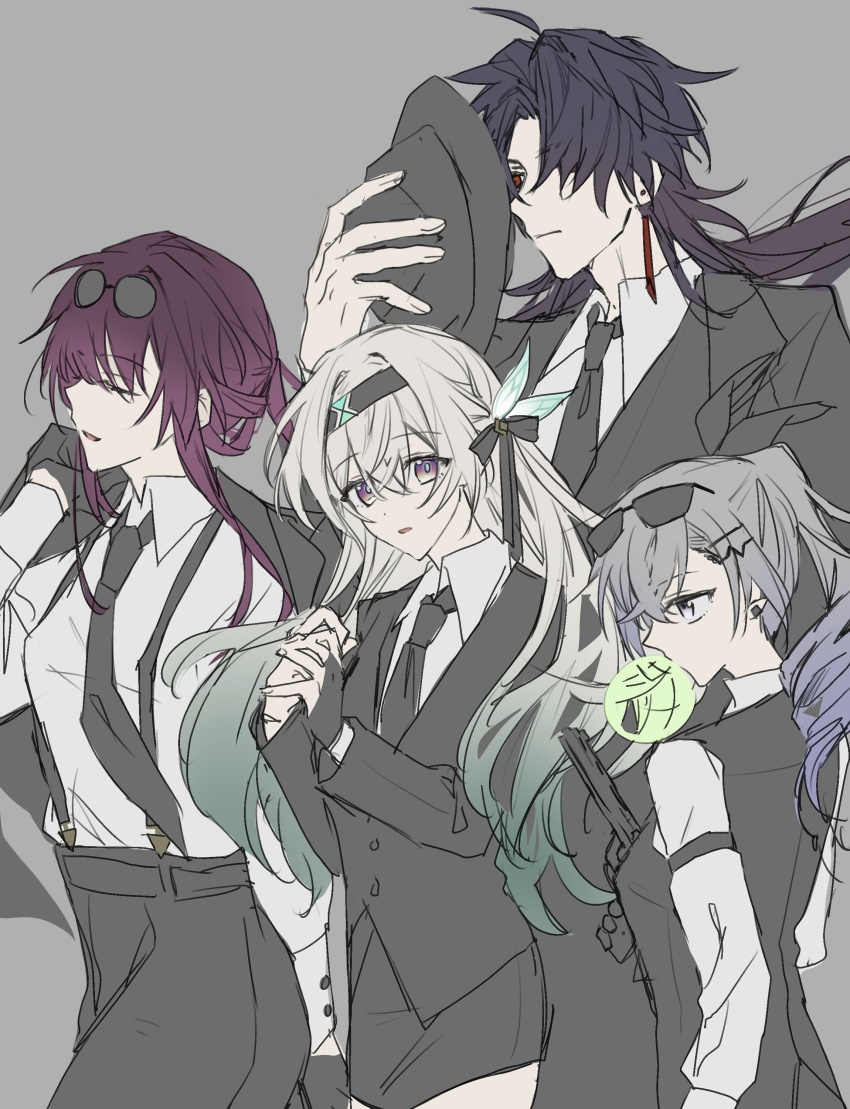 1boy 3girls absurdres black_hair black_hairband black_hat black_jacket black_pants black_suit blade_(honkai:_star_rail) blue_pupils bridal_gauntlets business_suit chewing_gum closed_eyes drill_hair drill_ponytail eyewear_on_head firefly_(honkai:_star_rail) formal grey_eyes grey_hair gun hair_intakes hairband hat highres holding holding_gun holding_weapon honkai:_star_rail honkai_(series) jacket kafka_(honkai:_star_rail) long_hair multiple_girls ofuku pants pencil_skirt purple_hair red_eyes silver_wolf_(honkai:_star_rail) single_bridal_gauntlet single_drill skirt skirt_suit suit suit_jacket sunglasses suspenders sweater_vest two-tone_eyes weapon