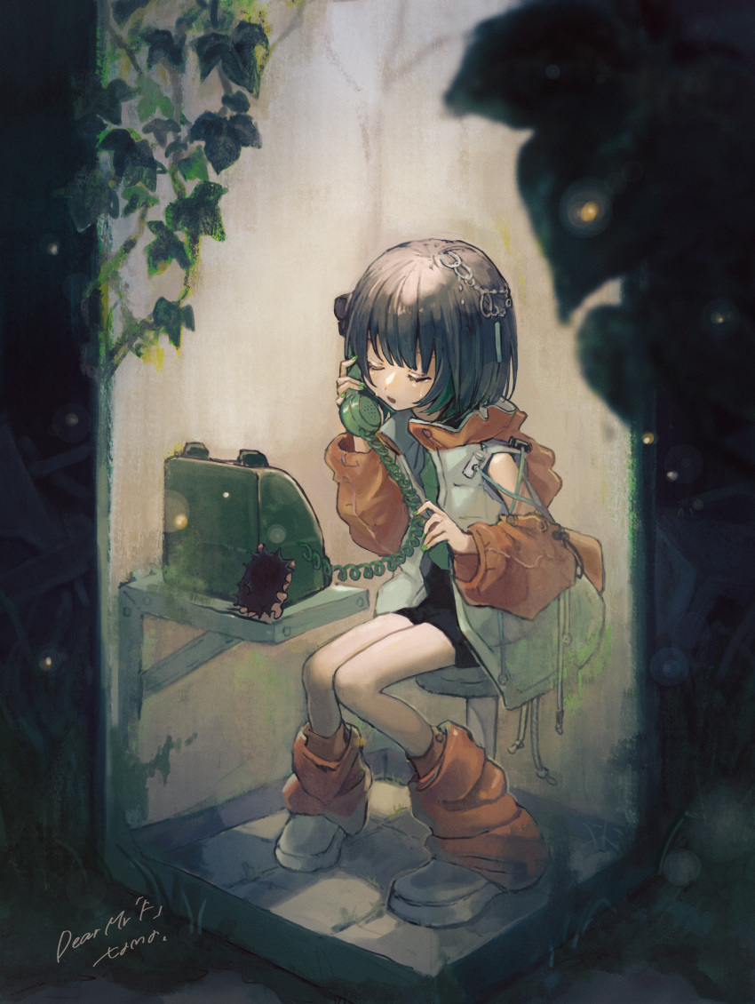 absurdres black_hair bob_cut character_request closed_eyes crying full_body highres jacket loose_socks medium_hair on_stool orange_sleeves orange_socks payphone phone phone_booth sitting socks tama_(odi_san_fairy) white_jacket winged_footwear zutto_mayonaka_de_ii_no_ni