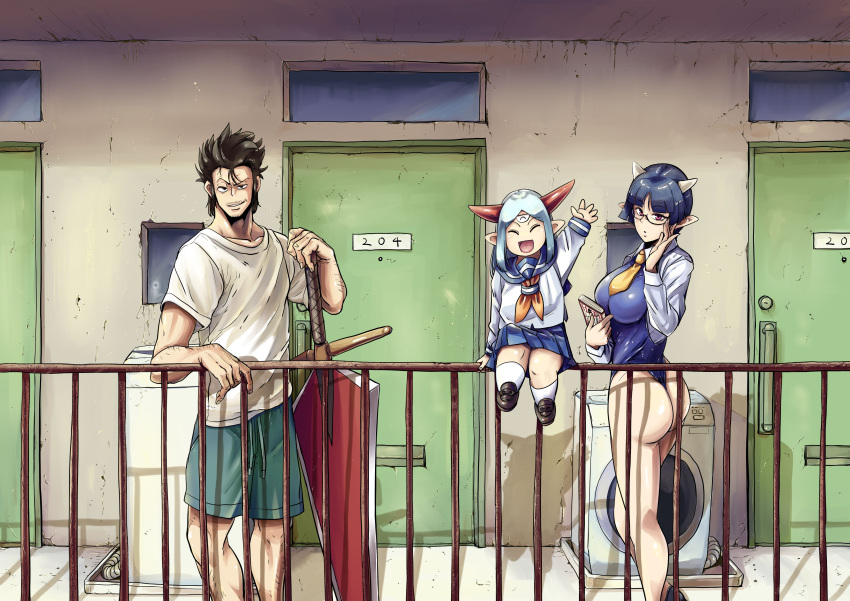 1boy 2girls absurdres artist_request ass ass_focus bare_legs black_hair blue_hair breasts demon_girl demon_horns door extra_eyes facial_hair glasses highres horns hotel large_breasts laundry lv1_maou_to_one_room_yuusha maou_(lv1_maou_to_one_room_yuusha) max_(lv1_maou_to_one_room_yuusha) multiple_girls necktie official_art one-piece_swimsuit open_mouth pointy_ears sailor_collar sailor_shirt school_uniform shirt shoes shorts sitting swimsuit sword weapon white_shirt yellow_necktie zenia_(lv1_maou_to_one_room_yuusha)