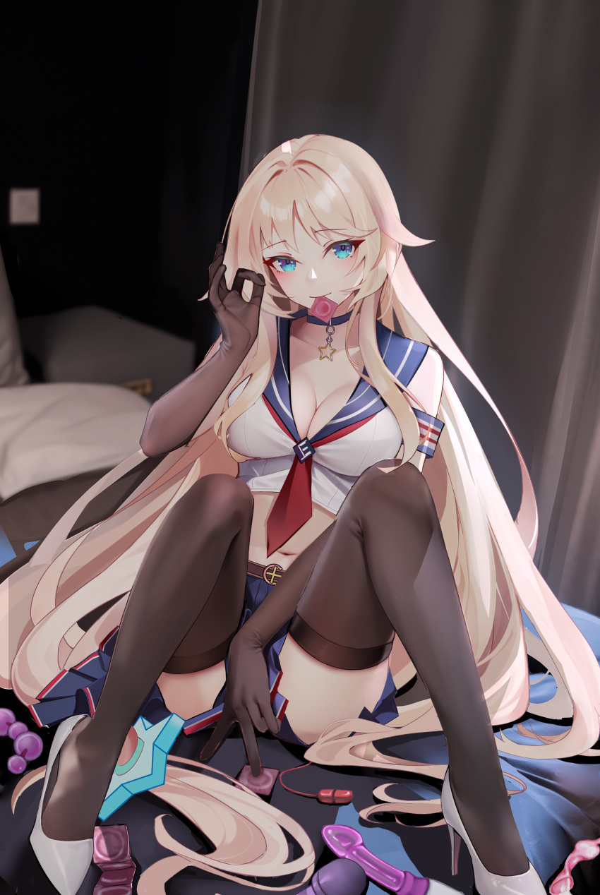 absurdres anal_beads black_pantyhose blonde_hair blue_eyes condom condom_in_mouth dildo egg_vibrator enterprise_(warship_girls_r) highres long_hair looking_at_viewer mouth_hold on_bed pantyhose sailor_collar sailor_shirt sex_toy shirt skirt uss_enterprise_(cv-6) vibrator warship_girls_r xnnagu