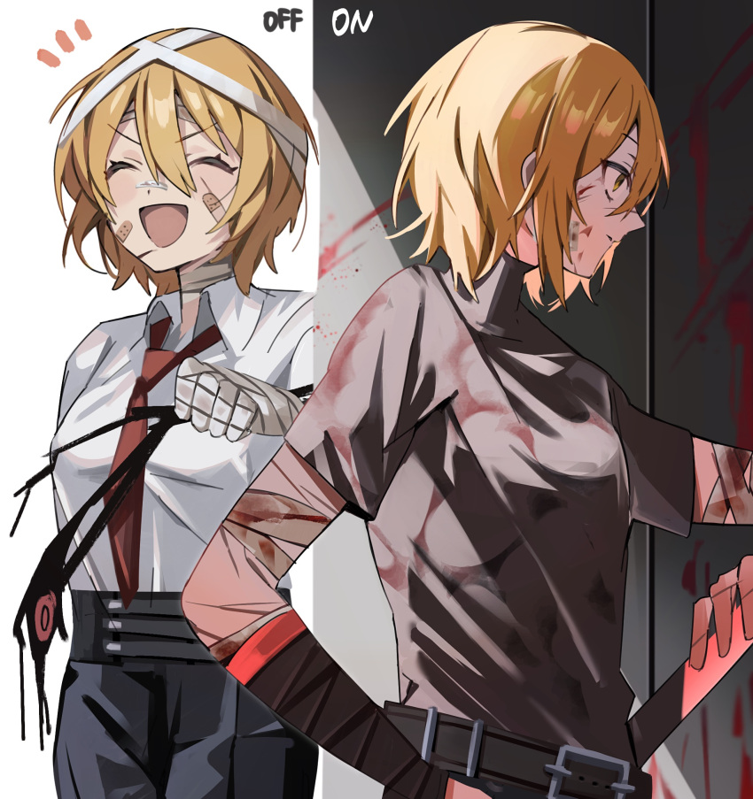 1girl :d ^_^ bandaged_arm bandaged_head bandaged_neck bandages bandaid bandaid_on_cheek bandaid_on_face belt belt_buckle black_belt black_pants black_shirt blonde_hair blood blood_on_bandages blood_on_clothes blood_on_face buckle closed_eyes collared_shirt constricted_pupils creature don_quixote_(project_moon) empty_eyes hair_between_eyes hand_on_own_hip highres holding limbus_company mu46016419 multiple_views necktie open_mouth pants project_moon red_necktie scar scar_on_arm scar_on_cheek scar_on_face scar_on_nose shirt shirt_tucked_in short_hair short_sleeves smile split_theme standing turtleneck v-shaped_eyebrows weapon white_shirt wing_collar yellow_eyes