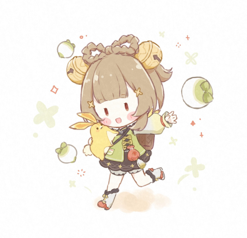 1girl :d arm_up backpack_basket bag basket bell black_dress bloomers blunt_bangs blush blush_stickers boots bow-shaped_hair braid brown_eyes brown_hair chibi commentary_request double-parted_bangs dress flower fur-trimmed_boots fur_trim genshin_impact green_jacket hair_bell hair_flower hair_ornament highres holding holding_stuffed_toy jacket jingle_bell long_sleeves medium_hair open_mouth pigumon puffy_long_sleeves puffy_sleeves radish running sidelocks simple_background smile solid_oval_eyes solo sparkle stuffed_animal stuffed_rabbit stuffed_toy tassel white_background white_bloomers white_footwear yaoyao_(genshin_impact) yuegui_(genshin_impact)