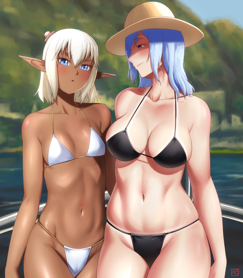 2girls bikini black_bikini blonde_hair blue_eyes blue_hair blush breasts dark-skinned_female dark_elf dark_skin elf finalcake groin hat highres long_hair looking_at_viewer multiple_girls navel original outdoors parted_lips pointy_ears short_hair small_breasts smile swimsuit water white_bikini