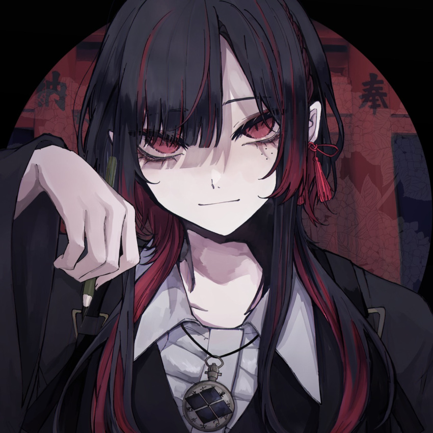 1girl black_hair black_jacket closed_mouth collared_shirt floral_print hand_up highres holding holding_pencil jacket jewelry long_hair long_sleeves looking_at_viewer mole mole_under_eye multicolored_hair multiple_moles necklace open_collar orihara_(ewkkyorhr) outside_border pencil pendant portrait red_eyes red_hair red_tassel round_image self-portrait shirt short_hair_with_long_locks smile solo streaked_hair tassel torii wide_sleeves