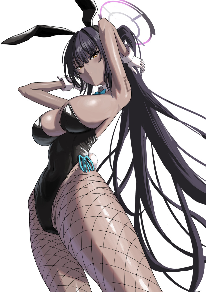 1girl animal_ears armpits arms_up black_hair black_leotard blue_archive breasts detached_collar enun fake_animal_ears fake_tail fishnet_pantyhose fishnets gloves halo highres karin_(blue_archive) karin_(bunny)_(blue_archive) large_breasts leotard long_hair looking_at_viewer number_tattoo official_alternate_costume pantyhose playboy_bunny ponytail purple_halo rabbit_ears rabbit_tail shoulder_tattoo strapless strapless_leotard tail tattoo white_background white_gloves yellow_eyes