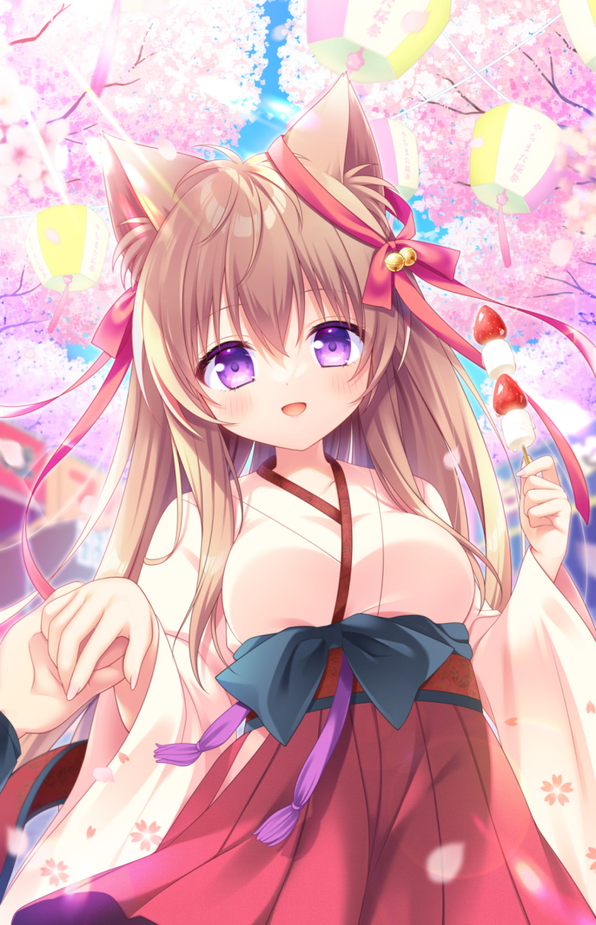 1boy 1girl :d animal_ear_fluff animal_ears bell black_bow bow branch breasts brown_hair cherry_blossoms commentary_request day ear_bow flower food fruit hair_between_eyes hakama hakama_skirt highres holding holding_food japanese_clothes jingle_bell kimono long_hair long_sleeves marshmallow medium_breasts mito_mashiro obi outdoors pink_flower purple_eyes red_bow red_hakama ryuuka_sane sash skirt smile solo_focus strawberry tayutama very_long_hair white_kimono wide_sleeves