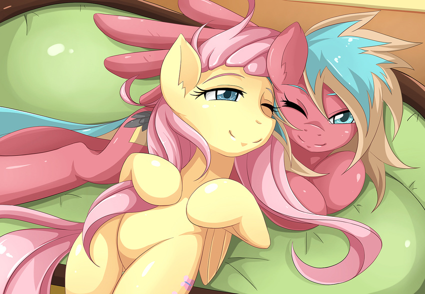 cute duo equine female feral fluttershy_(mlp) friendship_is_magic horse jinzhan mammal my_little_pony original_character pegasus pony smile wings