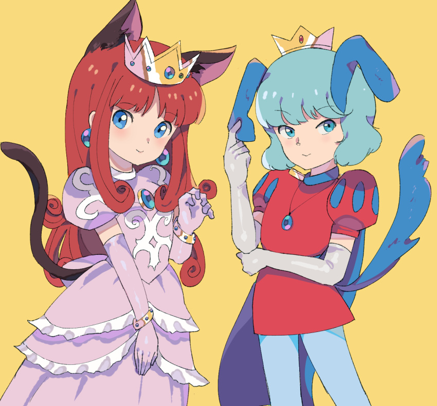 1boy 1girl animal_ears blue_hair bracelet cape cat_ears cat_tail crown dress earrings elbow_gloves fq75017 gloves gold_bracelet highres jewelry kemonomimi_mode leggings looking_at_viewer mario_(series) pink_dress pink_gloves prince_haru princess_shokora puffy_short_sleeves puffy_sleeves red_hair red_tunic short_sleeves simple_background smile super_mario_bros.:_peach-hime_kyushutsu_dai_sakusen! tail wario_land wario_land_4 yellow_background