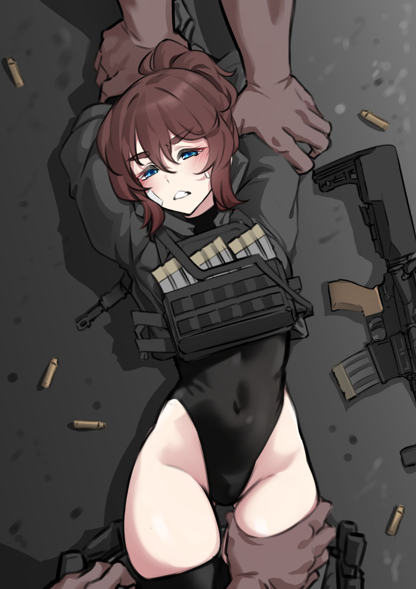 1girl 2boys absurdres ass_visible_through_thighs assault_rifle bandaid bandaid_on_face black_leotard black_thighhighs blue_eyes blush brown_hair clenched_teeth clothes_pull concrete covered_navel dark-skinned_male dark_skin gloves grey_gloves grey_hoodie groin gun hair_between_eyes high_ponytail highres hood hoodie imminent_rape k0ng leotard leotard_under_clothes load_bearing_vest loner-chan_(k0ng) lying medium_hair multiple_boys on_back on_floor original pants pants_pull restrained rifle shell_casing sidelocks sweatdrop teeth thick_eyebrows thighhighs thong_leotard v-shaped_eyebrows weapon
