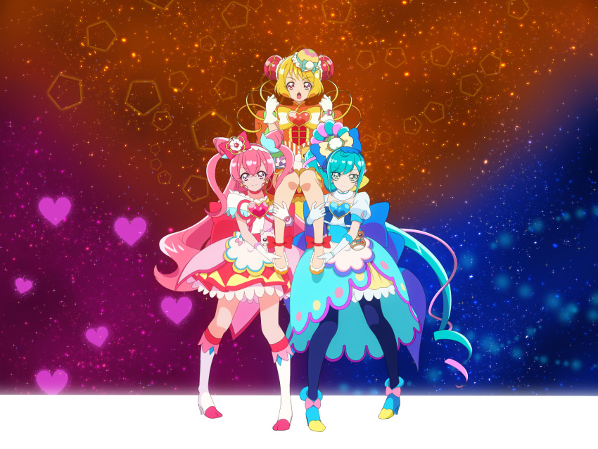 3girls ankle_boots back_bow blonde_hair blue_bow blue_footwear blue_hair blue_pantyhose boots bow brooch bun_cover china_dress chinese_clothes choker clenched_hands closed_mouth commentary cone_hair_bun cure_precious cure_spicy cure_yum-yum delicious_party_precure double_bun dress earrings flats frown fuwa_kokone gloves green_eyes hair_bow hair_bun hanamichi_ran heart heart_brooch highres huge_bow jewelry knee_boots kome-kome_(precure) lifting_person long_hair looking_at_viewer magical_girl mem-mem_(precure) multiple_girls nagomi_yui on_kazu open_mouth orange_bow orange_dress orange_footwear pam-pam_(precure) pantyhose pink_dress pink_hair precure puffy_short_sleeves puffy_sleeves purple_eyes red_bow red_choker red_eyes rope short_dress short_hair short_sleeves side_ponytail smile sparkle standing triple_bun two_side_up very_long_hair white_footwear white_gloves yellow_bow