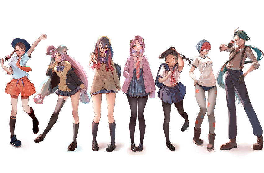 alternate_costume arched_bangs arm_up asymmetrical_legwear bag black_footwear black_gloves black_hair black_pantyhose blue_hair blue_pants blue_sailor_collar blue_skirt blueberry_academy_school_uniform blush boots braid breasts brown_eyes brown_hair buruma cardigan carmine_(pokemon) closed_mouth clothes_writing coat collared_shirt colored_inner_hair crossed_bangs dark-skinned_female dark_skin earrings eyelashes freckles full_body glasses gloves green_hair grey_hair grey_pantyhose gym_uniform hair_between_eyes hair_ornament hair_tie_in_mouth hairband hairclip hand_on_own_hip hat highres holding holding_poke_ball iono_(pokemon) jewelry juliana_(pokemon) lacey_(pokemon) large_breasts loafers long_hair long_sleeves looking_at_viewer magnemite midriff_peek mole mole_under_eye momdy_(talesshinja) mouth_hold multicolored_hair multiple_girls naranja_academy_school_uniform neckerchief necktie nemona_(pokemon) one_eye_closed open_mouth orange_neckerchief pants pantyhose pencil_skirt penny_(pokemon) pink_coat pink_hair pleated_skirt poke_ball poke_ball_(basic) pokemon pokemon_sv ponytail print_pantyhose red_gloves red_hair red_necktie rika_(pokemon) sailor_collar school_bag school_uniform serafuku shirt shoes short_hair short_sleeves shorts simple_background skirt smile standing streaked_hair suspenders thick_eyebrows tomboy triangle_earrings twintails two-tone_hair tying_hair v walking white_background white_shirt yellow_eyes yellow_hairband