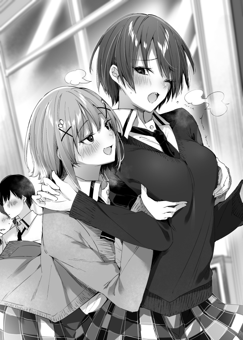 2boys 2girls absurdres blush bow bowtie breasts cardigan collared_shirt commentary_request eye_contact flustered food-themed_hair_ornament furrowed_brow greyscale groping hair_ornament hands_up highres indoors kakao_(chocolate_land) leaning_forward long_sleeves looking_at_another looking_to_the_side medium_hair monochrome multiple_boys multiple_girls necktie nikaido_ai novel_illustration official_art one_eye_closed ootsuki_akiho open_cardigan open_clothes open_mouth plaid plaid_skirt raised_eyebrows ryoushin_no_shakkin school_uniform second-party_source shirt short_hair sidelocks skirt smirk strawberry_hair_ornament teeth upper_teeth_only window wing_collar x_hair_ornament