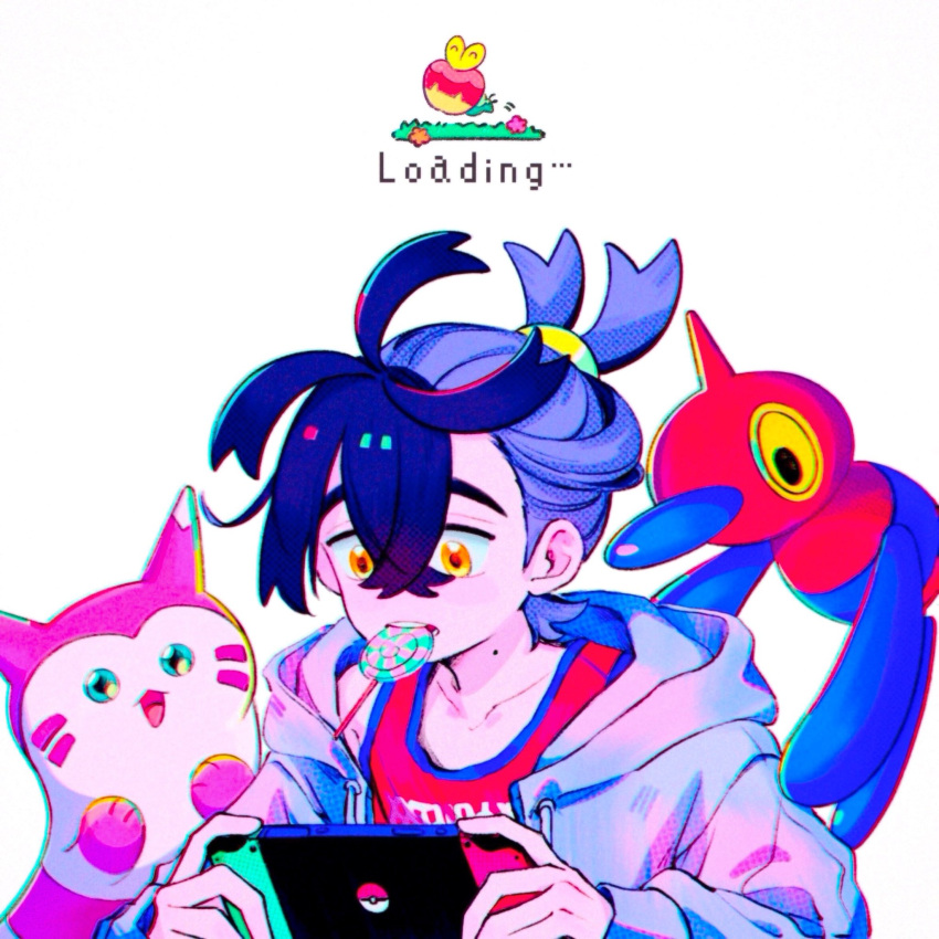 applin black_hair candy cm_wm crossed_bangs food furret grey_jacket hair_between_eyes handheld_game_console highres holding holding_handheld_game_console hood hood_down hooded_jacket jacket kieran_(pokemon) lollipop long_sleeves male_focus mole mole_on_neck mouth_hold multicolored_hair nintendo_switch open_clothes open_jacket open_mouth playing_games pokemon pokemon_(creature) pokemon_sv porygon-z purple_hair red_tank_top simple_background swirl_lollipop tank_top teeth_hold upper_body yellow_eyes