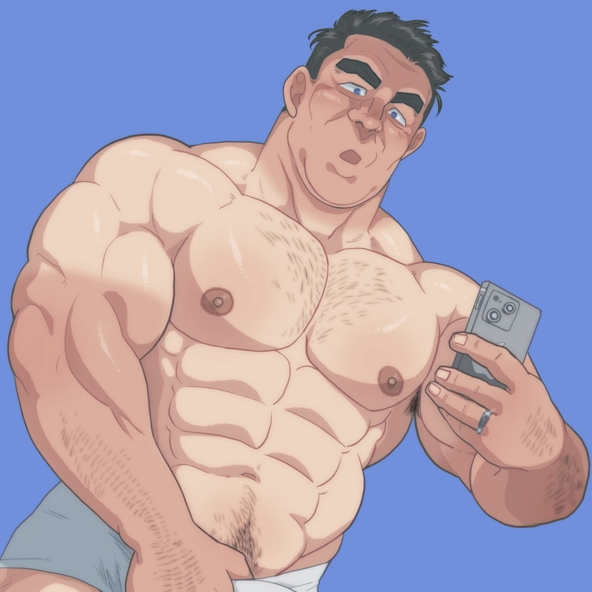 1boy bara boxer_briefs bulge cheekbones cowboy_shot crotch_grab erection erection_under_clothes highres holding holding_phone huge_eyebrows large_pectorals male_focus male_underwear mature_male muscular muscular_male nipples old old_man original paid_reward_available pectorals phone selfie short_hair solo sparse_arm_hair sparse_chest_hair tan thick_navel_hair underwear white_male_underwear wrinkled_skin zettoken