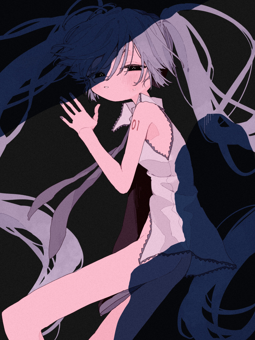 1girl absurdres alternate_eye_color alternate_hair_color ass black_background black_eyes blush bottomless commentary_request detached_sleeves feet_out_of_frame from_above from_side grey_hair half-closed_eyes hatsune_miku highres long_hair looking_at_viewer looking_to_the_side lying necktie number_tattoo on_side parted_lips pov_shadow purple_necktie shadow shiro_kuro_(shirokuro_3939) shirt shoulder_tattoo simple_background single_detached_sleeve sleeveless sleeveless_shirt solo tattoo twintails undone_necktie very_long_hair vocaloid white_shirt