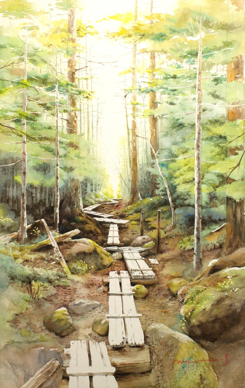 absurdres day forest highres mud nature no_humans original painting_(medium) plank rock scenery shimizu_megumi_(m_acquerello) sunlight traditional_media tree water watercolor_(medium) wetland