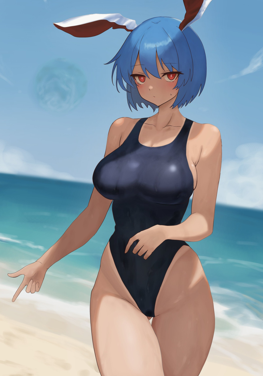 1girl absurdres beach blue_one-piece_swimsuit blue_sky bob_cut breasts competition_swimsuit highres looking_at_viewer moriforest1040 ocean one-piece_swimsuit seiran_(touhou) short_hair sideboob sky solo swimsuit thighs touhou wet wet_clothes wet_swimsuit