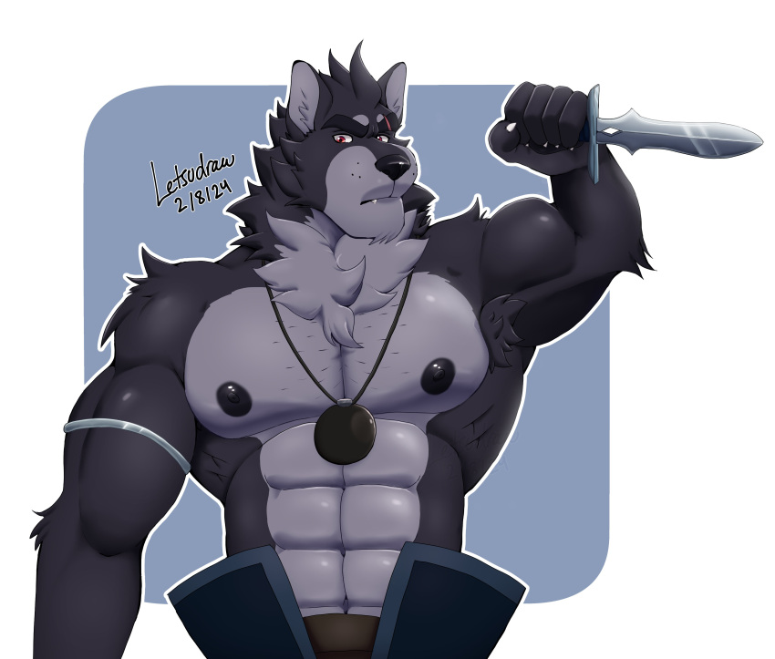 2024 abs absurd_res anthro areola armband armpit_tuft biped black_body black_fur black_nipples border canid canine canis chest_tuft clothed clothing eyebrows far_beyond_the_world_(series) frown fur grey_body grey_fur hi_res holding_knife holding_object jewelry knife letsudraw looking_at_viewer male mammal mouth_closed multicolored_body muscular muscular_anthro muscular_male necklace nipples partially_clothed raised_arm red_eyes scar solo teeth tuft two_tone_body vulgor_(far_beyond_the_world) white_border wolf