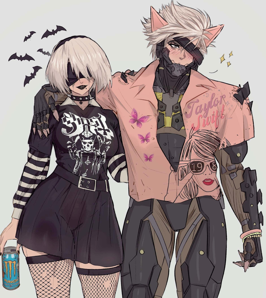 1boy 1girl 2b_(nier:automata) animal_ears arm_on_another's_shoulder belt black_blindfold black_dress black_hairband black_lips black_nails blindfold blush bracelet can cat_ears choker collared_shirt color_connection commentary covered_eyes cyborg dress english_commentary eyepatch fishnet_thighhighs fishnets grey_eyes hair_color_connection hairband highres holding holding_can jewelry looking_at_viewer looking_to_the_side mechanical_parts metal_gear_(series) metal_gear_rising:_revengeance mole mole_under_mouth monster_energy nier:automata nier_(series) pink_nails pink_shirt platinumgames_inc. print_shirt raiden_(metal_gear) shirt short_hair simple_background smile spiked_choker spikes thighhighs white_hair wide_hips yoracrab
