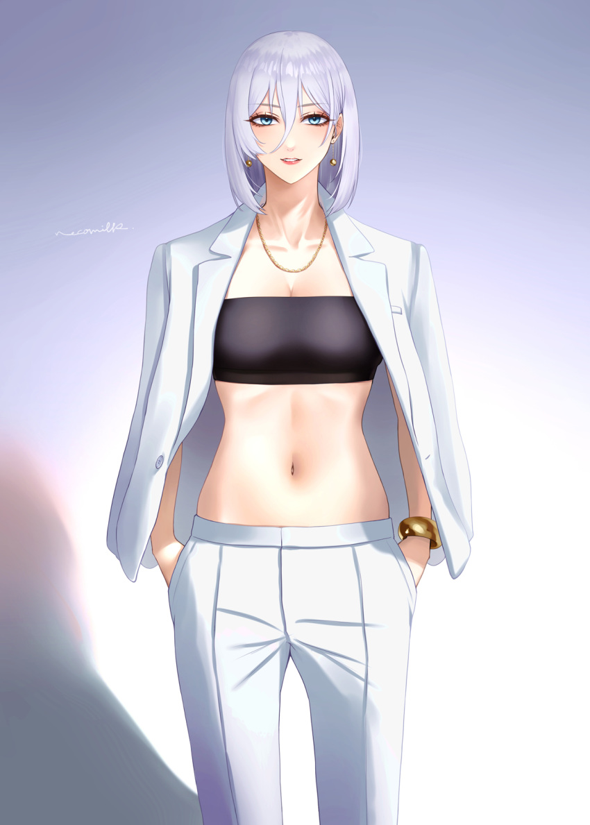 1girl azur_lane bangle blue_eyes bracelet breasts cleavage double-parted_bangs earrings hands_in_pockets highres jewelry looking_at_viewer medium_breasts midriff navel necklace necomilk open_clothes pants pink_lips shadow short_hair simple_background solo suit tirpitz_(azur_lane) white_hair white_pants white_suit