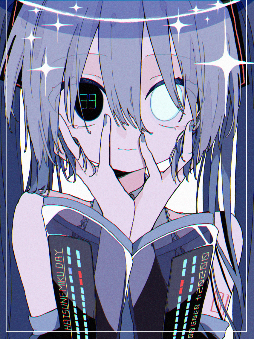 1girl 39 absurdres alternate_eye_color bare_shoulders black_eyes closed_mouth dated dress grey_hair grey_nails grey_shirt hair_between_eyes hair_ornament halo hands_on_own_cheeks hands_on_own_face hatsune_miku hatsune_miku_(vocaloid3) heterochromia highres inset_border long_hair long_sleeves looking_at_viewer miku_day number_in_eye number_tattoo see-through see-through_sleeves shiro_kuro_(shirokuro_3939) shirt shoulder_tattoo sleeveless sleeveless_dress solo sparkle straight-on tattoo twintails upper_body vocaloid white_eyes