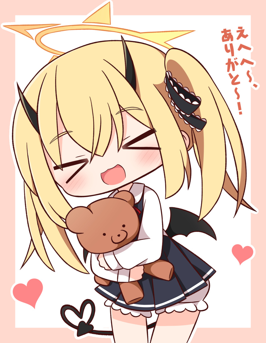 &gt;_&lt; 1girl :d black_bow black_dress black_wings blonde_hair bloomers blue_archive blush border bow brown_border chibi closed_eyes collared_shirt demon_girl demon_horns demon_tail demon_wings dress facing_viewer hair_between_eyes hair_bow halo hana_kazari heart heart_tail highres horns hugging_object ibuki_(blue_archive) leaning_to_the_side neck_ribbon outline pinafore_dress pleated_dress red_ribbon revision ribbon shirt sleeveless sleeveless_dress smile solo stuffed_animal stuffed_toy tail teddy_bear translation_request twintails white_background white_bloomers white_outline white_shirt wings xd