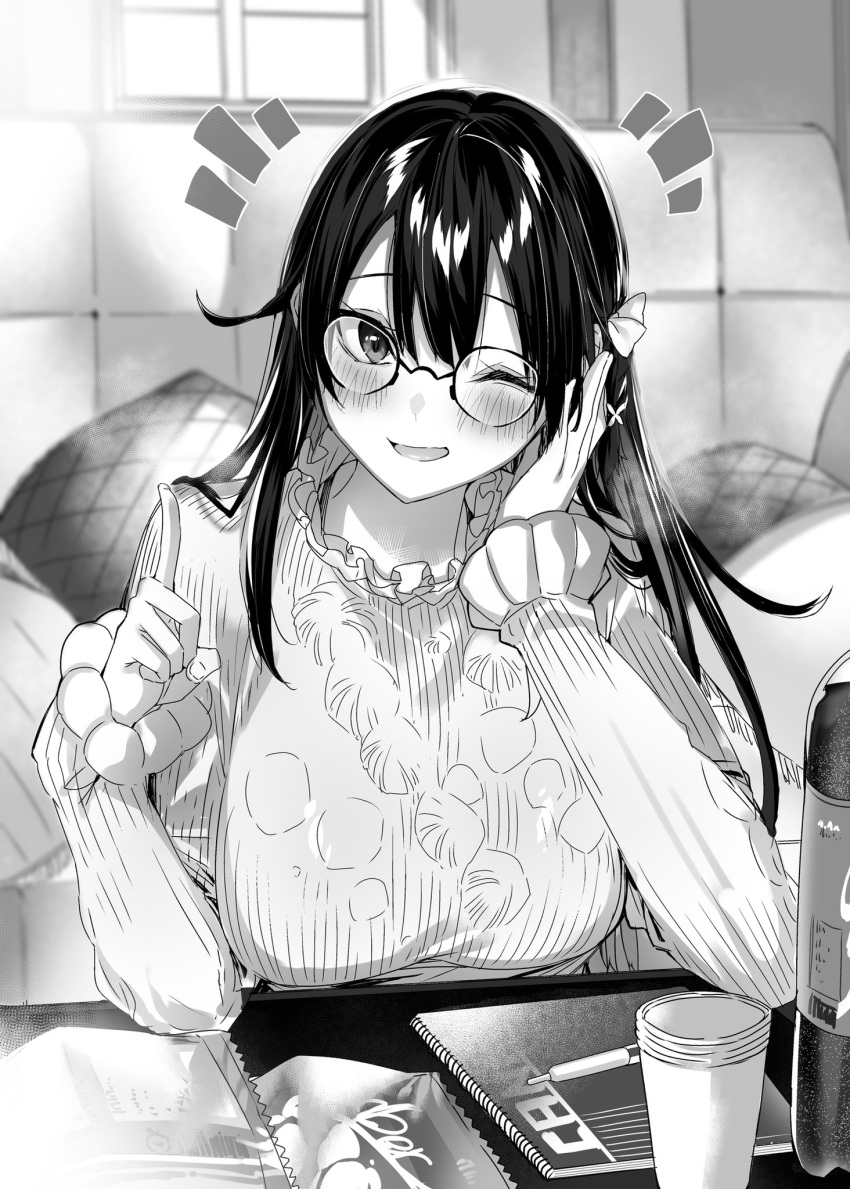 1girl blush bottle bow breasts commentary_request cup glasses greyscale hair_bow hand_in_own_hair hands_up highres hitotsuba_kaede index_finger_raised kakao_(chocolate_land) large_breasts long_hair looking_at_viewer monochrome notebook novel_illustration official_art one_eye_closed pen raised_eyebrows ryoushin_no_shakkin second-party_source smile solo window