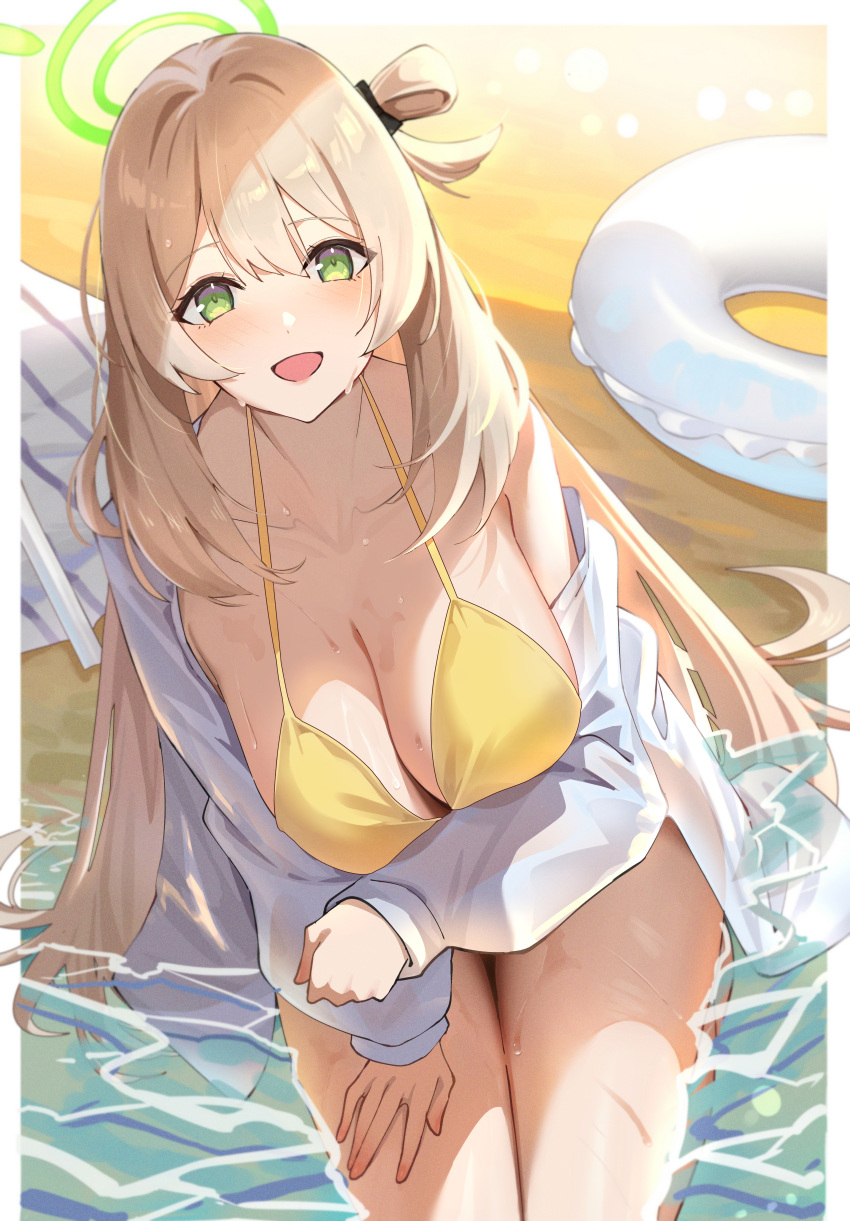 1girl absurdres bare_shoulders beach bikini blue_archive blush breasts cleavage collarbone collared_shirt dress_shirt green_eyes hair_bun halo highres innertube kakumayu large_breasts light_brown_hair long_hair long_sleeves looking_at_viewer nonomi_(blue_archive) nonomi_(swimsuit)_(blue_archive) official_alternate_costume open_mouth shirt shore single_side_bun smile solo swim_ring swimsuit thighs wet white_shirt