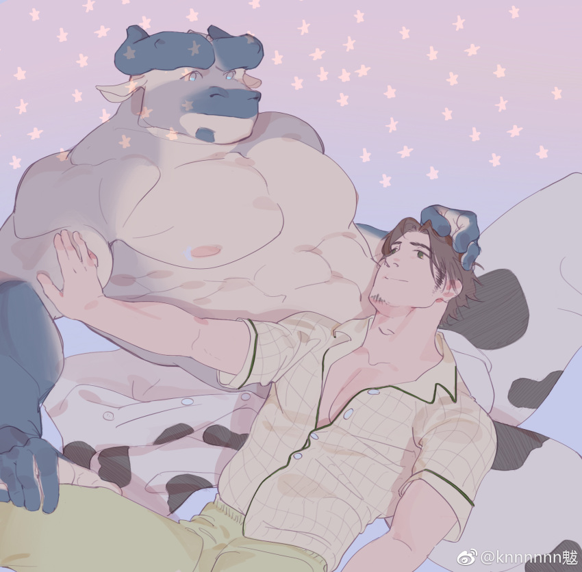 2boys abs animal_print bara bare_pectorals bulge couple cow_print curled_horns dragon_(kn) facial_hair feet_out_of_frame furry furry_male furry_with_non-furry goatee_stubble hand_on_another's_head hand_on_another's_thigh happy highres horns interspecies kn_(10112650) large_horns large_pectorals male_focus mature_male multiple_boys muscular muscular_male navel original pectorals short_hair sideburns sideburns_stubble stubble thick_eyebrows topless_male yaoi
