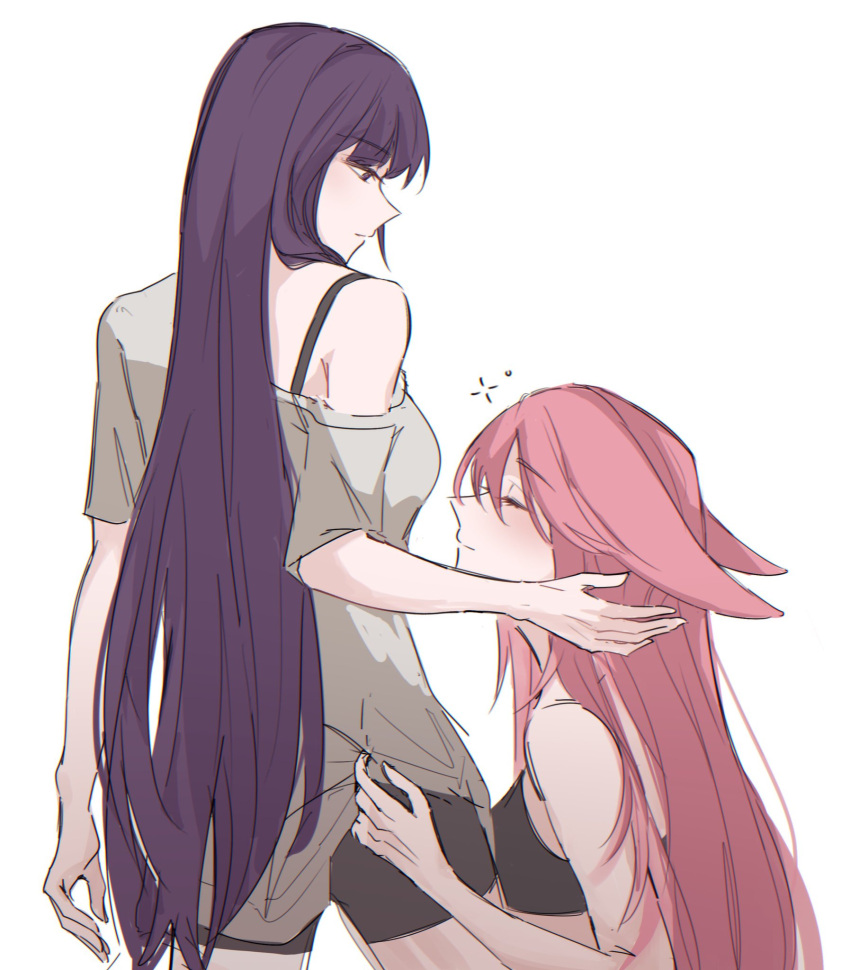 2girls animal_ears bare_arms black_bra black_shorts bra bra_strap closed_eyes closed_mouth commentary english_commentary fox_ears genshin_impact grey_shirt hand_on_another's_ass hand_on_another's_face highres kurari_o long_hair looking_at_another multiple_girls pink_hair purple_eyes purple_hair raiden_shogun shirt short_sleeves shorts simple_background single_off_shoulder squeans underwear white_background yae_miko yuri